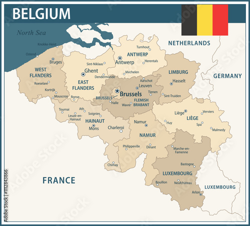 Belgium Map Vector Vintage Dark Blue Beige - Customizable layered political map of Belgium with administrative divisions for website, education, reports, news, politics, print, poster and wallpaper