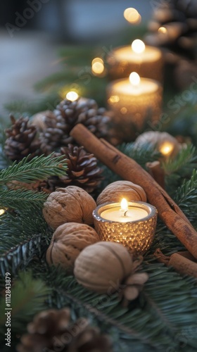 Warm candlelight glows among pine branches and winter decor during the festiv...