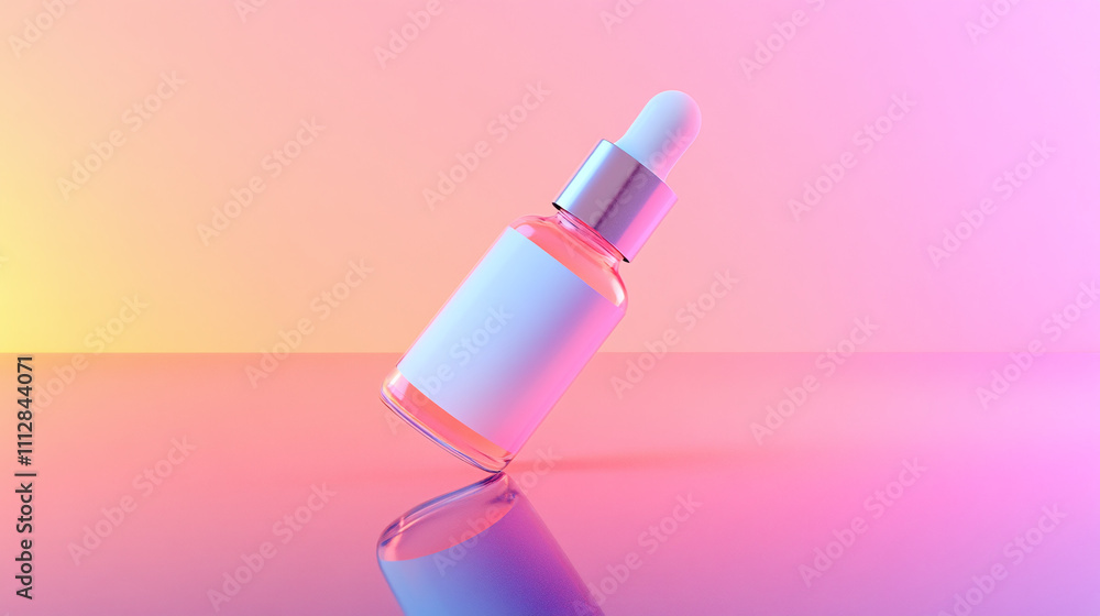 Floating Cosmetic Serum Bottle Against a Colorful Gradient Background Showcasing Modern Beauty Trends