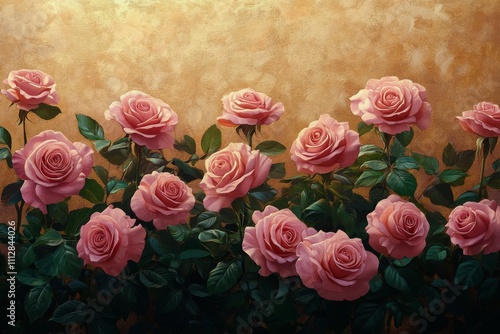 Beautiful arrangement of pink roses with green leaves set against a textured ...