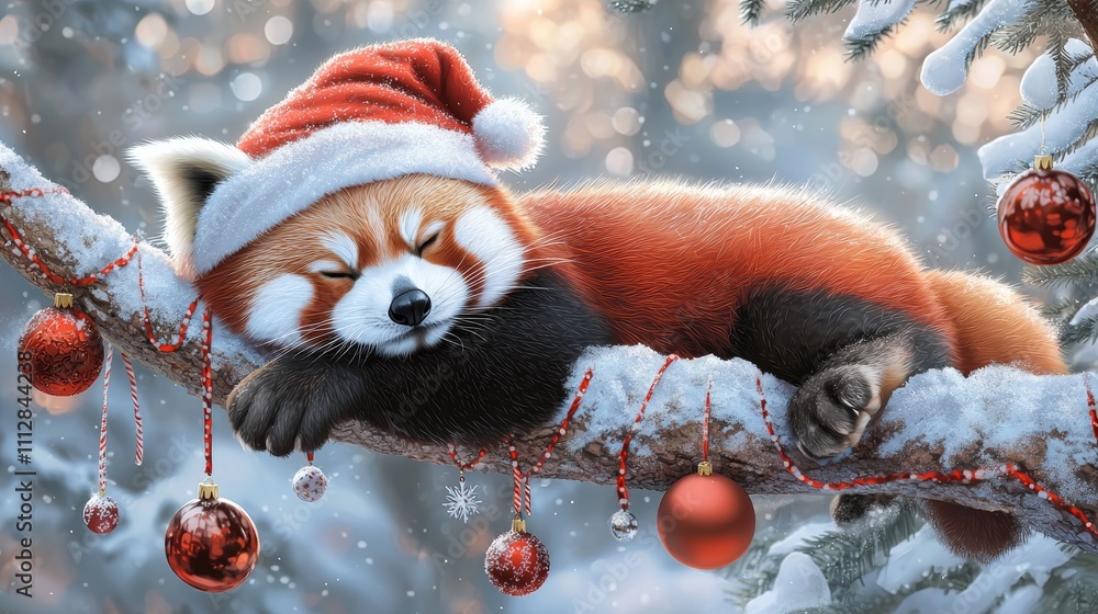 A red panda wearing a festive Santa jacket and scarf, lounging on a snow-covered tree branch with dangling ornaments and garlands decorating the winter forest. A red panda wearing a festive Santa jacket and scarf, lounging on a snow-covered tree branch with dangling ornaments and garlands decorating the winter forest.