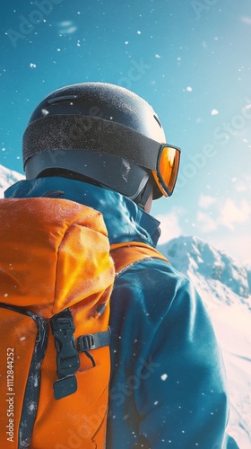 Snowy mountain adventure with a skier preparing for descent in bright sunshine