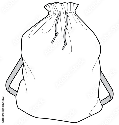 Drawstring bag flat sketch vector illustration technical cad drawing template