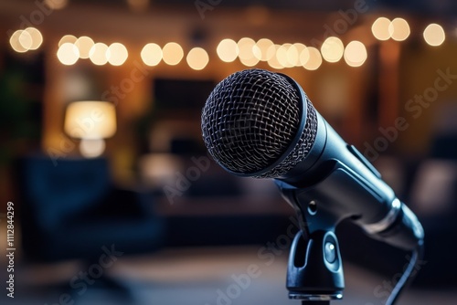 Microphone stands ready for performance in warm, softly lit environment during evening