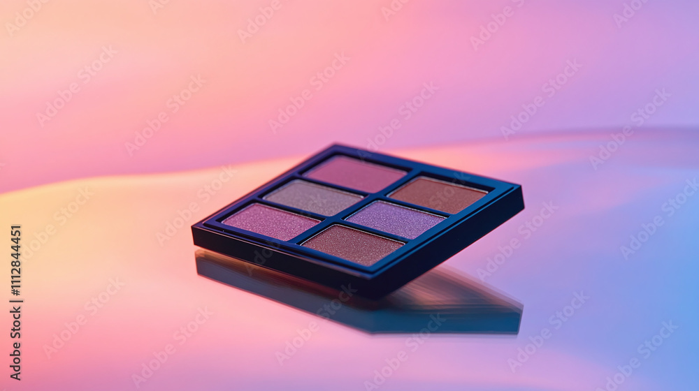 Sleek Eyeshadow Palette Resting on Reflective Surface With Vibrant Background Colors in a Creative Setting