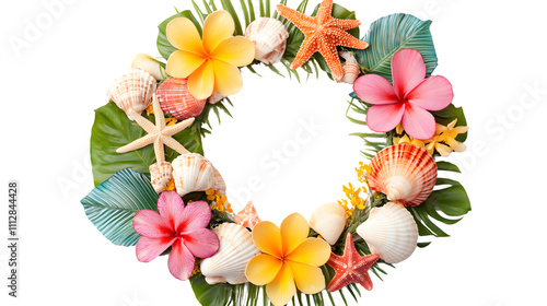 vibrant summer wreath made of seashells, starfish, and tropical flowers, isolated on a seamless white background photo