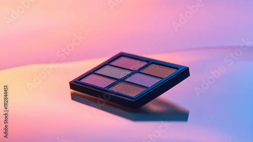 Obraz na płótnie Sleek Eyeshadow Palette Resting on Reflective Surface With Vibrant Background Colors in a Creative Setting w salonie