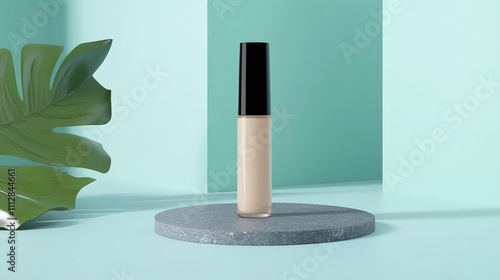 Cosmetic Foundation Bottle Displayed on a Stone Pedestal With Green Background and Tropical Plant, Emphasizing Modern Beauty Aesthetics photo