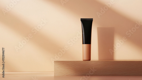 Beauty Product Stands Elegantly on a Wooden Surface With Soft Shadows and Warm Light Highlighting Its Features in a Minimalistic Setting