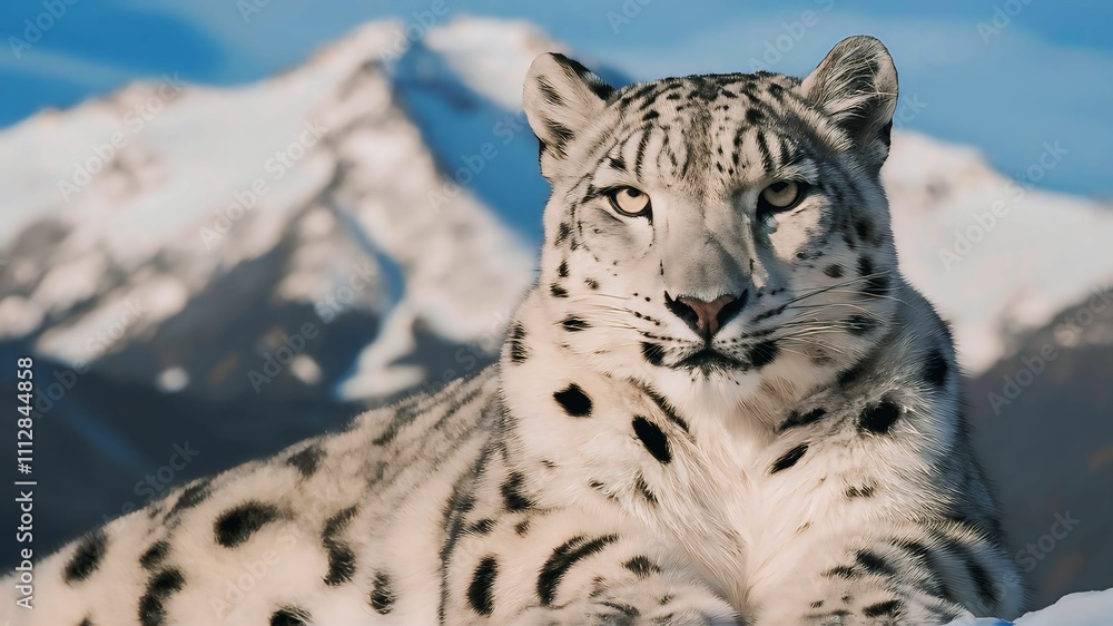 Obraz premium Majestic Snow Leopard (Panthera uncia) resting on a snow-covered rocky ledge in the Himalayas. Captures natural habitat, endangered beauty, and winter serenity.