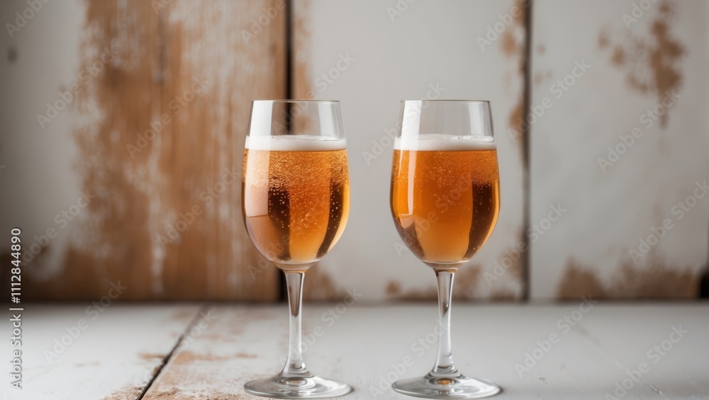 Two Glasses of Sparkling Apple Cider on Rustic Background. Two Glasses of Sparkling Apple Cider on Rustic Background.