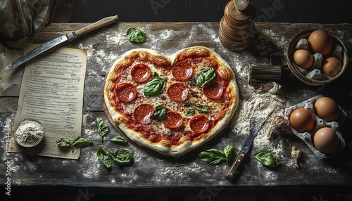 Heart shaped pizza preparation with fresh ingredients and rustic kitchen tools