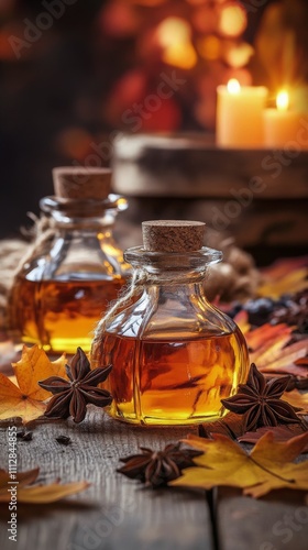Captivating glass bottles filled with rich amber syrup surrounded by autumn l...