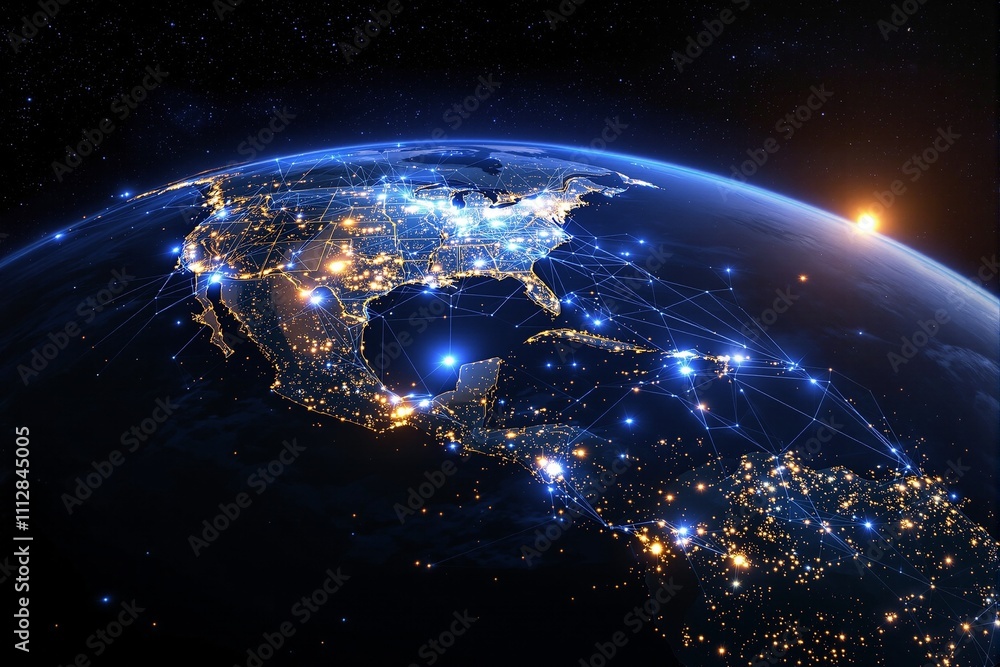 Obraz premium Futuristic Global Network Visualization Over North America and Central America at Night