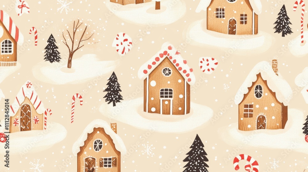 Fototapeta premium Christmas-themed miniature gingerbread houses winter wonderland seamless pattern cozy atmosphere gigapixel high fidelity