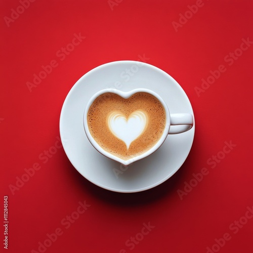 Coffee cup with heart shaped foam on bright red background creates warm and c...