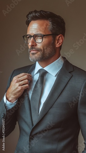 Confident man adjusting tie in formal attire with glasses in indoor setting