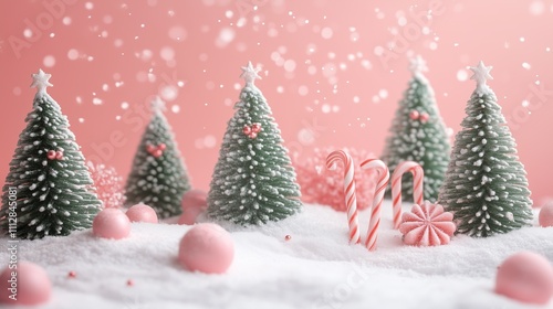 minimalistic white snow pink sky christmas landscape green trees candy decorations cute new year