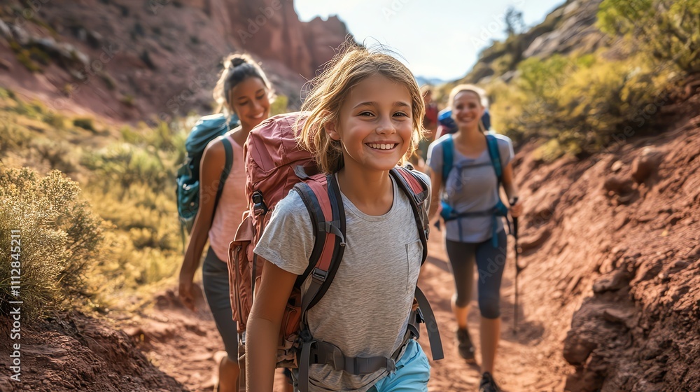 Smiling girl hiking with friends in a beautiful canyon. Smiling girl hiking with friends in a beautiful canyon.