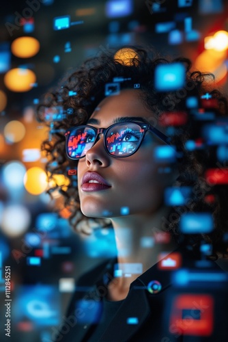 Young Woman with Curly Hair in Smart Glasses Surrounded by Digital Data Visualizations