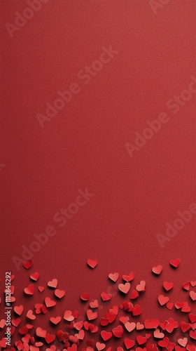 Vibrant heart shaped decorations scattered on a rich red background for festi...