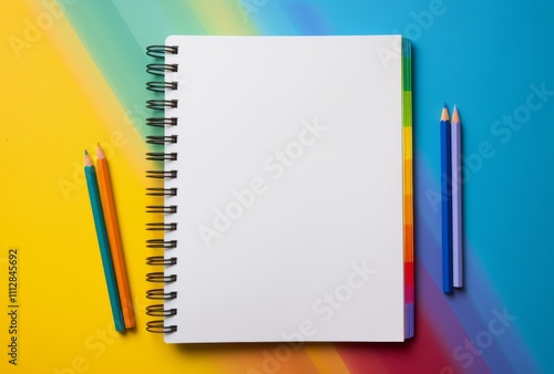 Blank spiral notebook with colorful pens ready for creative note taking or dr...