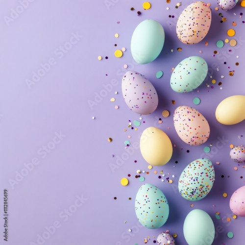 Various pastel colored easter eggs with speckles are arranged on a light purp...