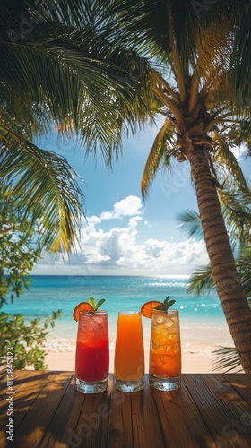 Refreshing tropical cocktails under palm trees by the beach on a sunny day