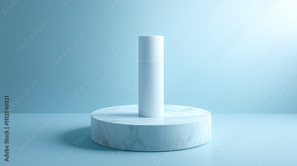 Minimalist Product Display on Marble Platform With Soft Blue Background Showcasing a Sleek White Cylindrical Item