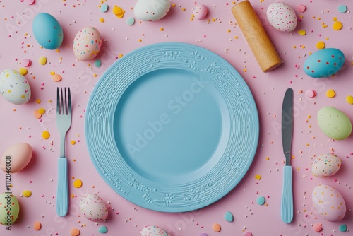 Colorful Easter setting with pastel eggs and blue plate on pink background