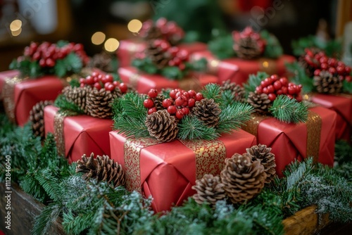 Beautifully arranged holiday gifts with pine cones and festive decorations