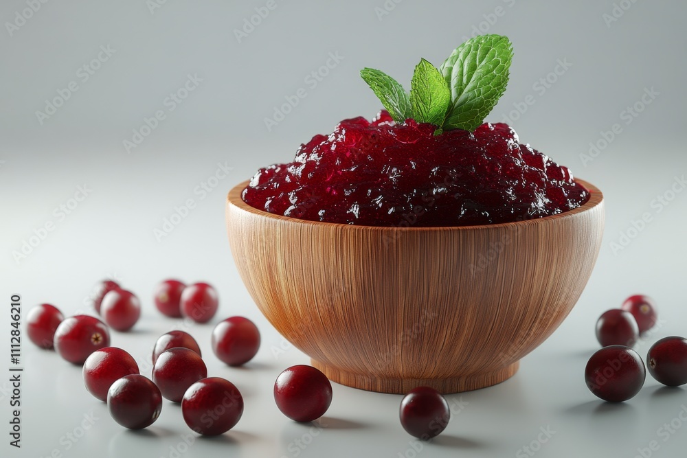 Homemade cranberry sauce served in a wooden bowl garnished with mint leaves on a gray surface Homemade cranberry sauce served in a wooden bowl garnished with mint leaves on a gray surface