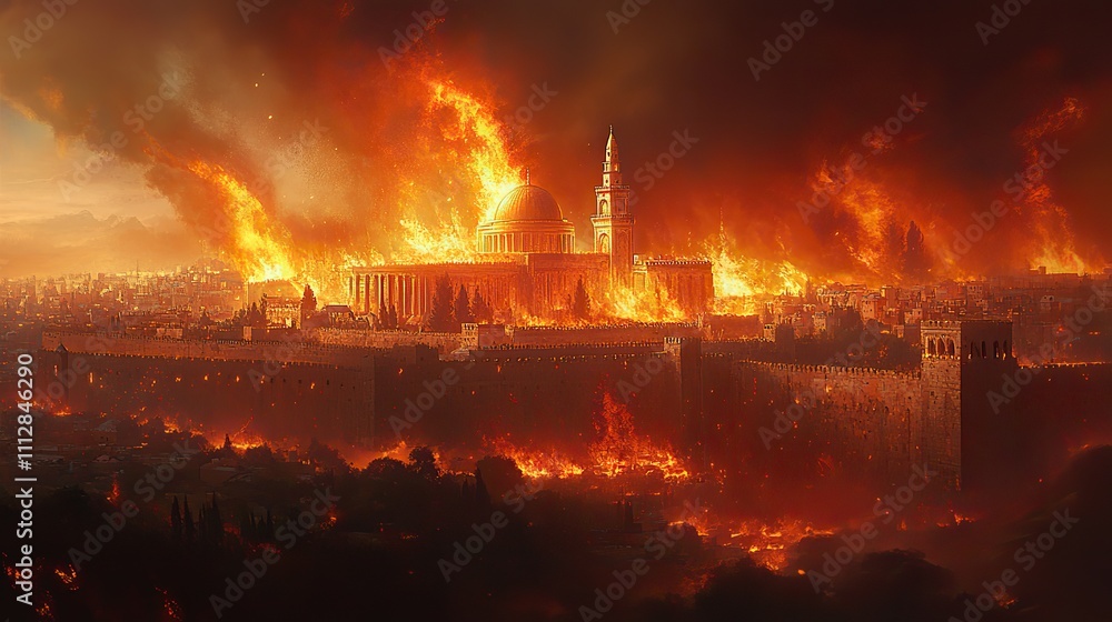 Obraz premium tisha brav the destruction of the temple of jerusalem engulfed in flames digital painting