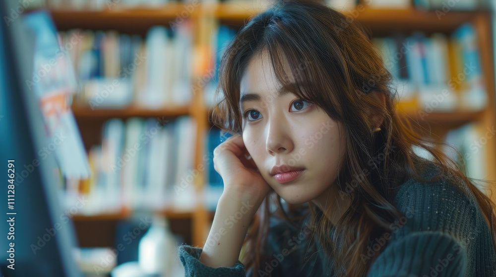Young woman thoughtfully looking at computer screen in library. Young woman thoughtfully looking at computer screen in library.