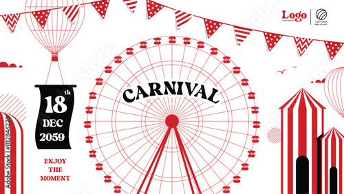 Carnival event poster illustration graphic element cover with Ferris wheel, flag, balloon, marquee. illustration vector on white background.