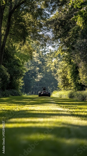Lawn care in a tranquil garden under bright sunlight in the early afternoon