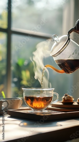 Pouring steaming tea into a clear cup in a bright cafe setting with delicious...