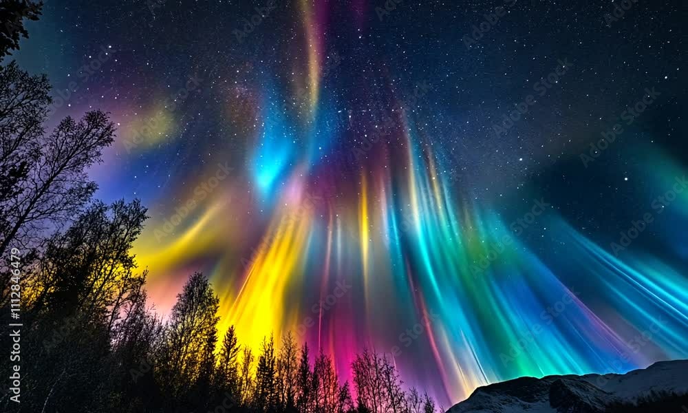A vibrant aurora borealis lights up the night sky with colorful streaks above a forested landscape. A vibrant aurora borealis lights up the night sky with colorful streaks above a forested landscape.