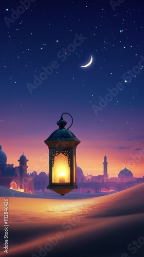 Lantern illuminates desert landscape at night near ancient architecture and s...