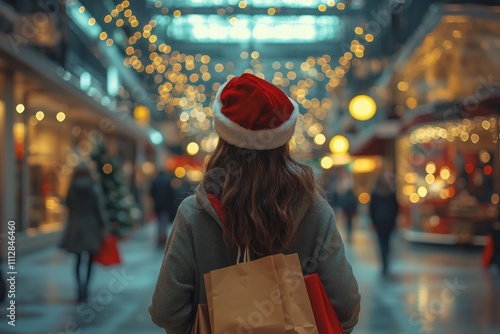 Holiday shopping in a festive market with lights and decorations during winte...