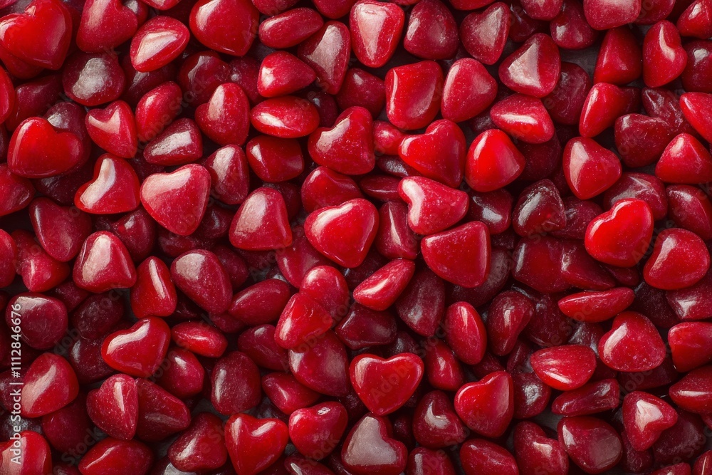 Heart shaped candies in bright red color are arranged in a playful manner on a dark surface Heart shaped candies in bright red color are arranged in a playful manner on a dark surface