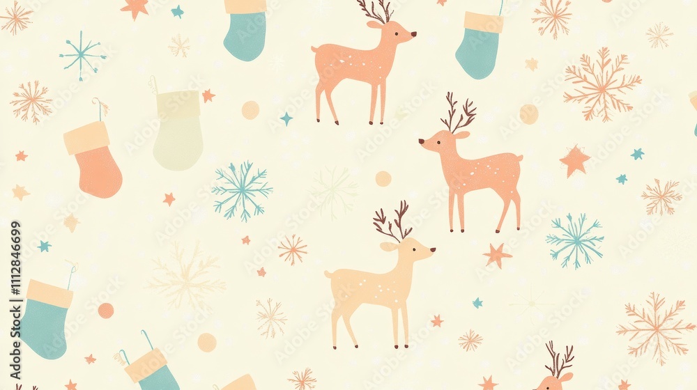 Naklejka premium Christmas-themed seamless pattern featuring tiny reindeer and snowflakes cozy winter atmosphere gigapixel high fidelity