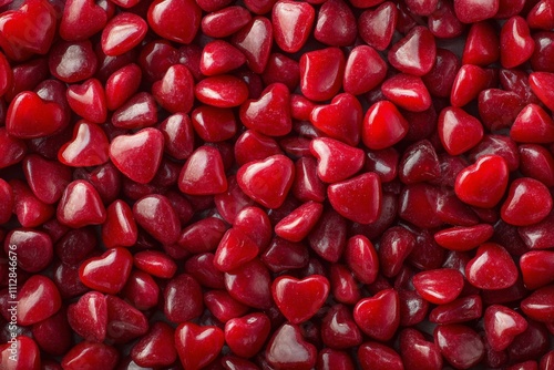 Heart shaped candies in bright red color are arranged in a playful manner on ...