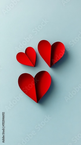 Three red paper hearts against a light blue background create a cheerful deco...