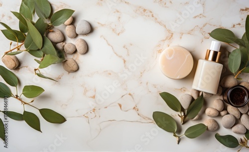 Natural skincare products arranged with stones and leaves on a marble surface
