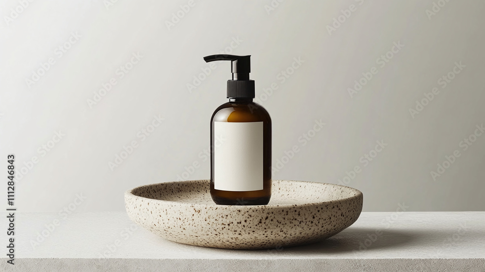 Elegant Amber Bottle With Pump Sitting on Speckled Stone Dish Against a Minimalist Backdrop in Neutral Tones Elegant Amber Bottle With Pump Sitting on Speckled Stone Dish Against a Minimalist Backdrop in Neutral Tones