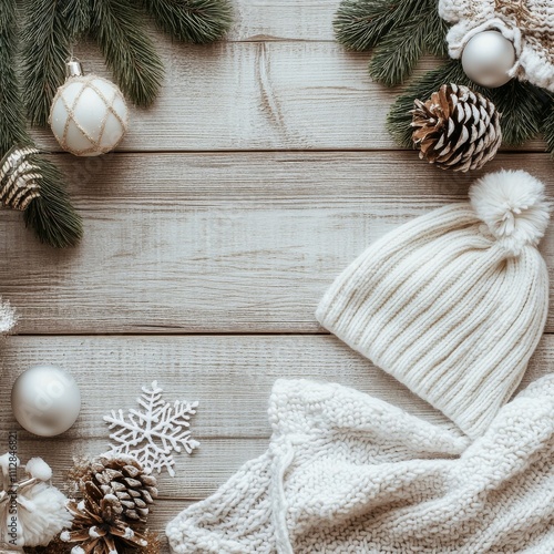 Warm winter accessories on a wooden table with festive decorations and pinecones