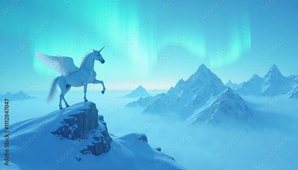 Majestic Unicorn Under Aurora Borealis in Snowy Mountain Landscape Majestic Unicorn Under Aurora Borealis in Snowy Mountain Landscape