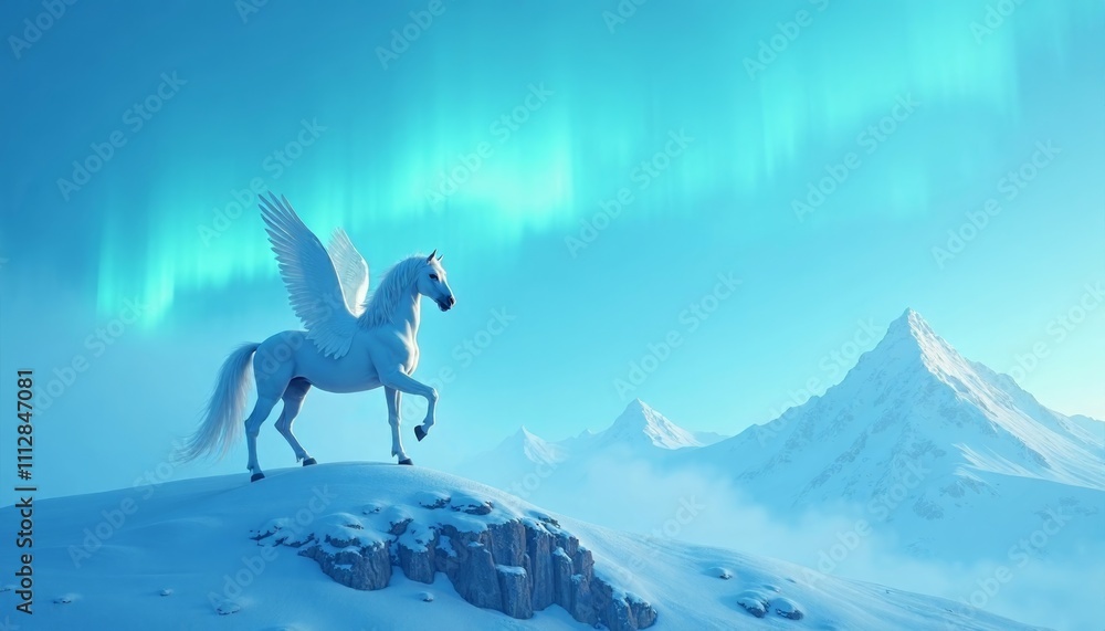 Ethereal Winged Unicorn Under Northern Lights in Magical Landscape Ethereal Winged Unicorn Under Northern Lights in Magical Landscape