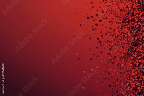 Bright red background with scattered red beads creating a bold visual contrast